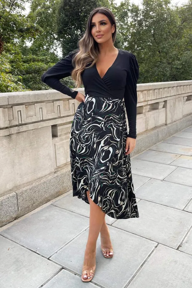 AX Paris Black And Green 2 In 1 Marble Print Wrap Dress Women Dresses