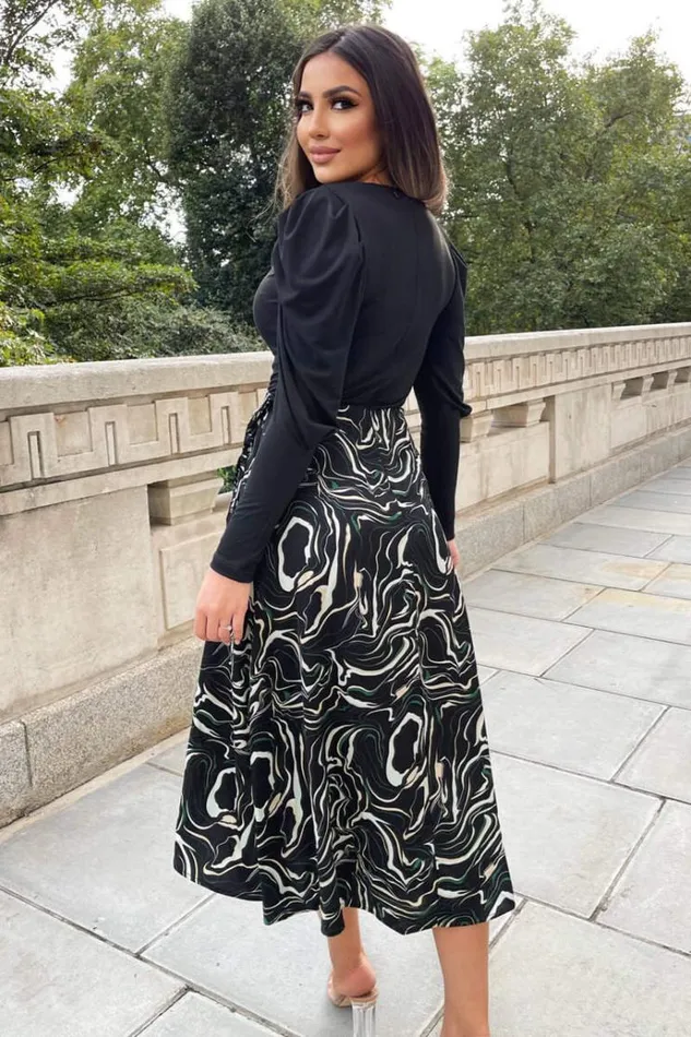 AX Paris Black And Green 2 In 1 Marble Print Wrap Dress Women Dresses
