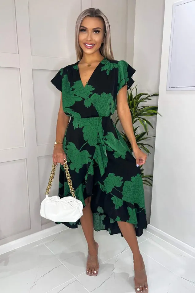 AX Paris Black And Green Floral Print Wrap Midi Dress Women Dresses
