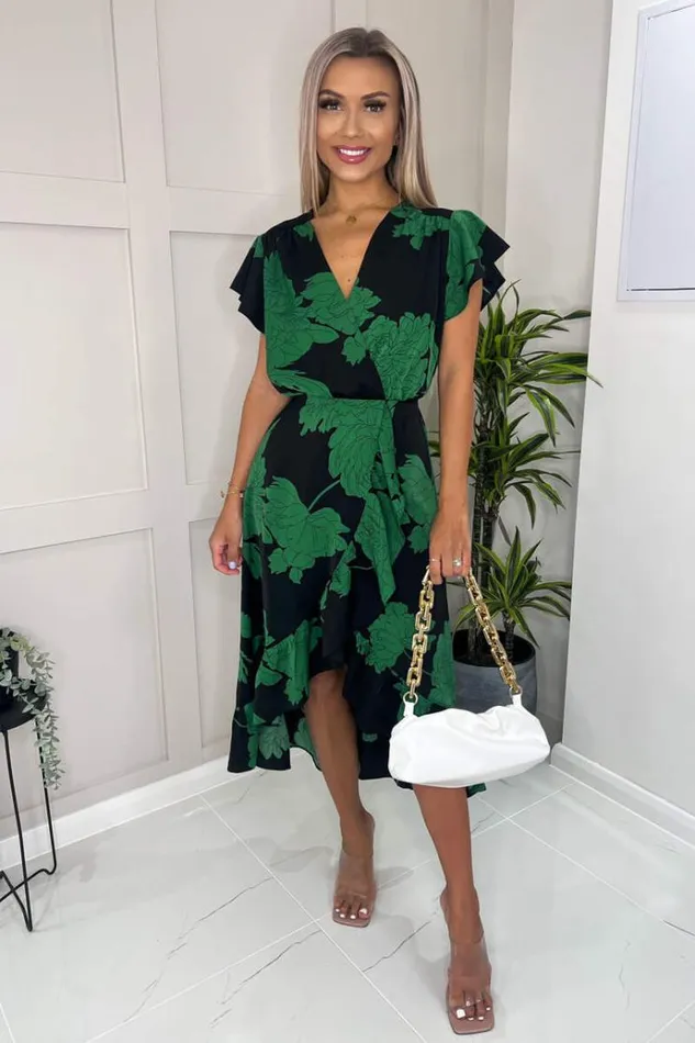 AX Paris Black And Green Floral Print Wrap Midi Dress Women Dresses