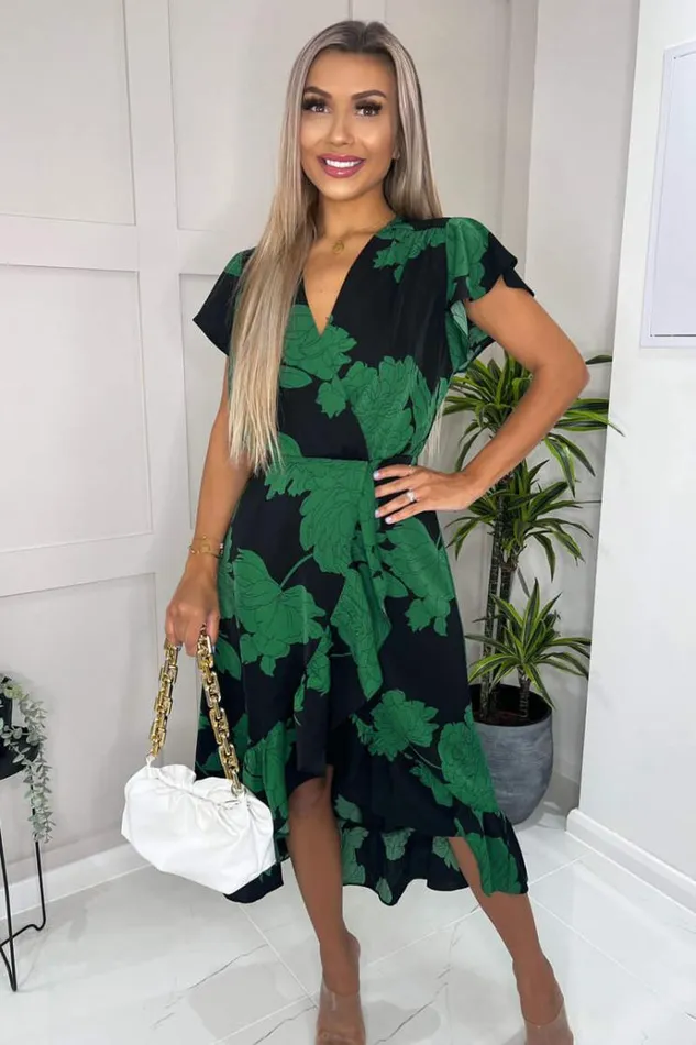 AX Paris Black And Green Floral Print Wrap Midi Dress Women Dresses