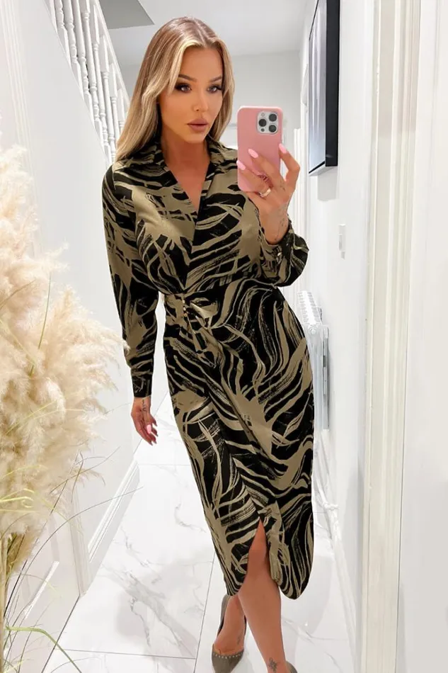 AX Paris Black And Khaki Print Wrap Collared Midi Dress Women Dresses