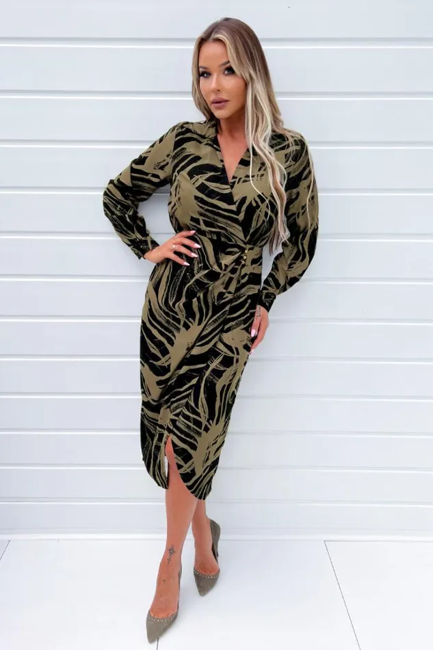 AX Paris Black And Khaki Print Wrap Collared Midi Dress Women Dresses