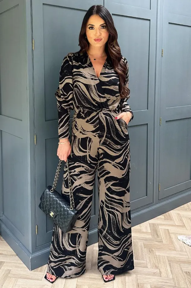AX Paris Black And Khaki Print Wrap Top Jumpsuit Women Jumpsuits And Playsuits AX Paris Black And Khaki Print Wrap Top Jumpsuit Women Jumpsuits And Playsuits