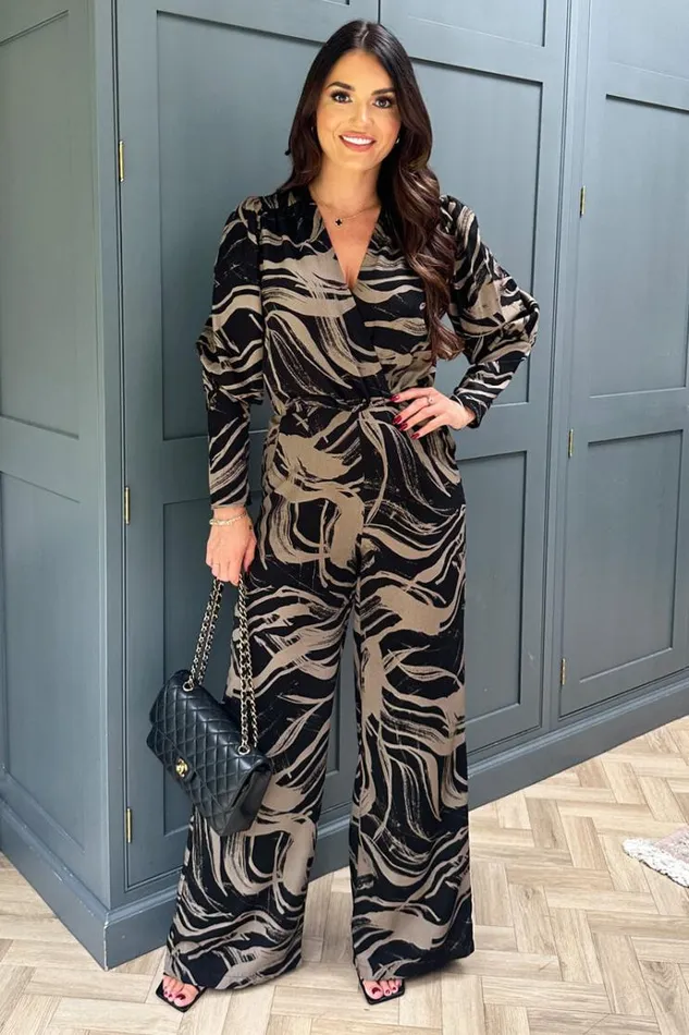AX Paris Black And Khaki Print Wrap Top Jumpsuit Women Jumpsuits And Playsuits