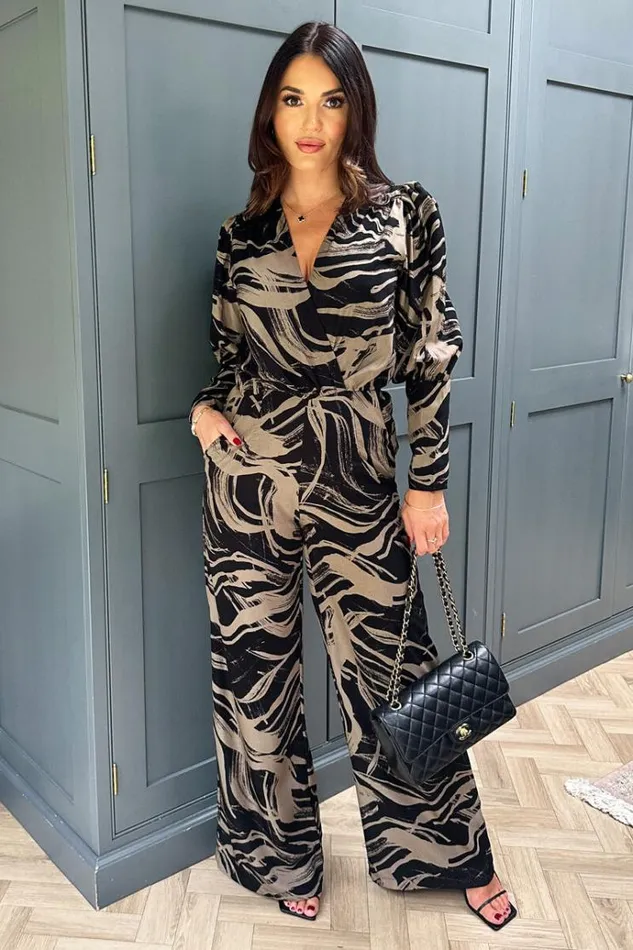 AX Paris Black And Khaki Print Wrap Top Jumpsuit Women Jumpsuits And Playsuits