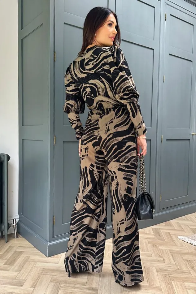 AX Paris Black And Khaki Print Wrap Top Jumpsuit Women Jumpsuits And Playsuits