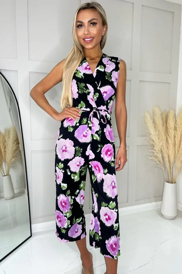 AX Paris Black And Lilac Floral Printed Tie Waist Jumpsuit Women Jumpsuits And Playsuits