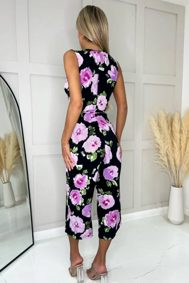 AX Paris Black And Lilac Floral Printed Tie Waist Jumpsuit Women Jumpsuits And Playsuits