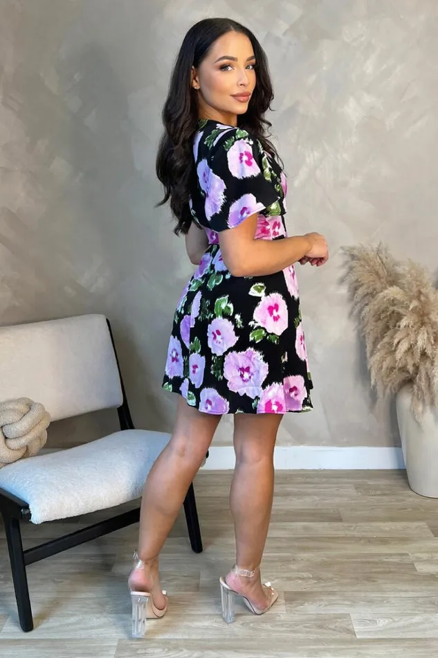 AX Paris Black And Lilac Floral Printed Twist Knot Front Mini Dress Women Dresses