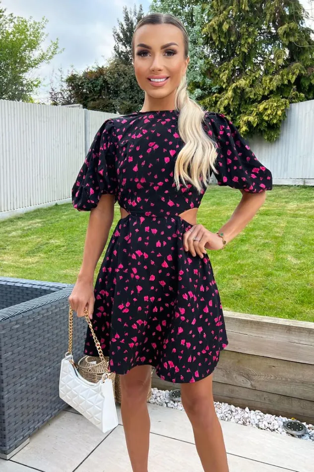 AX Paris Black And Pink Floral Print Cut Out Day Dress Women Dresses
