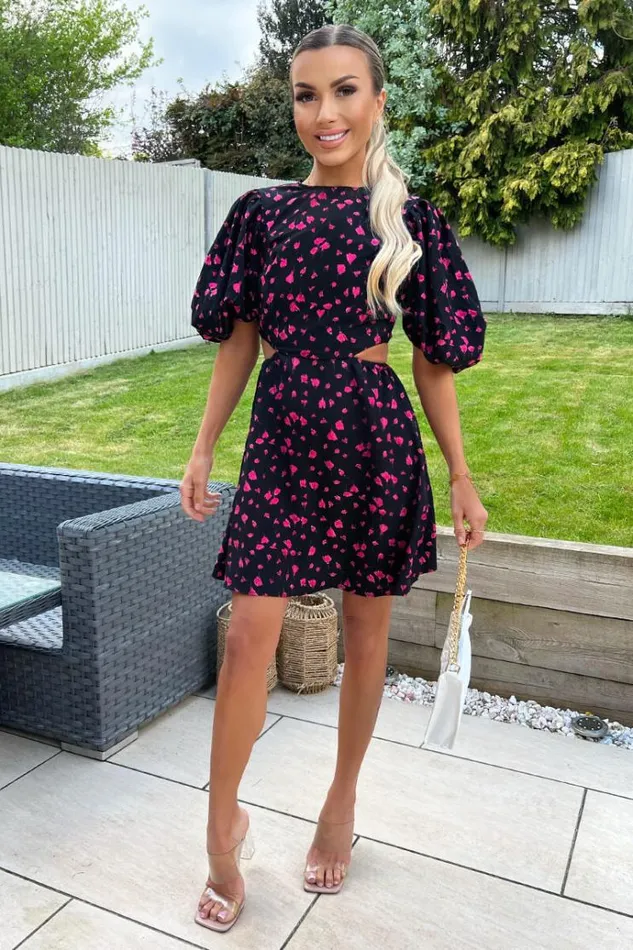AX Paris Black And Pink Floral Print Cut Out Day Dress Women Dresses