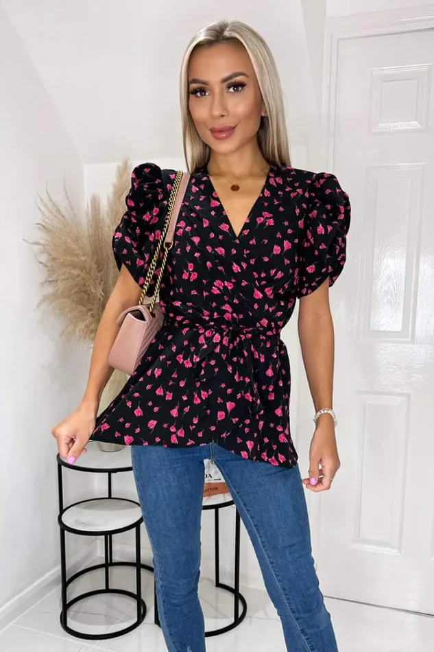 AX Paris Black And Pink Floral Wrap Top Women Tops