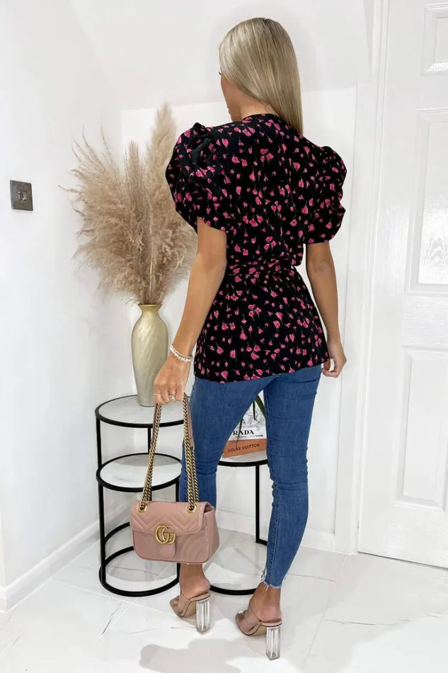 AX Paris Black And Pink Floral Wrap Top Women Tops