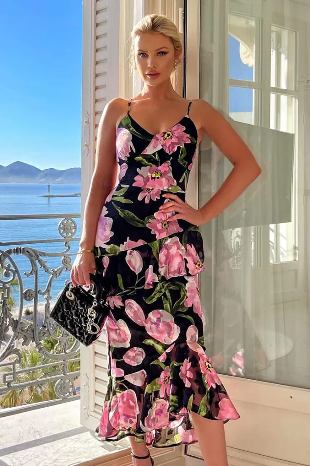 AX Paris Black And Pink Lace Embroidered Frill High Low Midi Dress Women Dresses