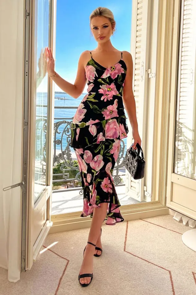 AX Paris Black And Pink Lace Embroidered Frill High Low Midi Dress Women Dresses