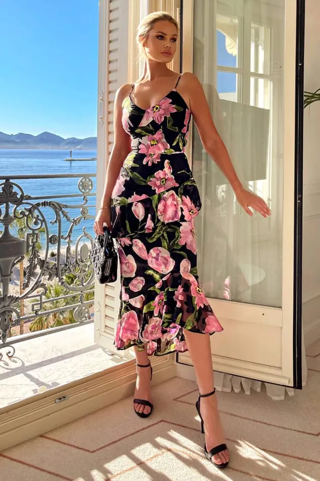 AX Paris Black And Pink Lace Embroidered Frill High Low Midi Dress Women Dresses
