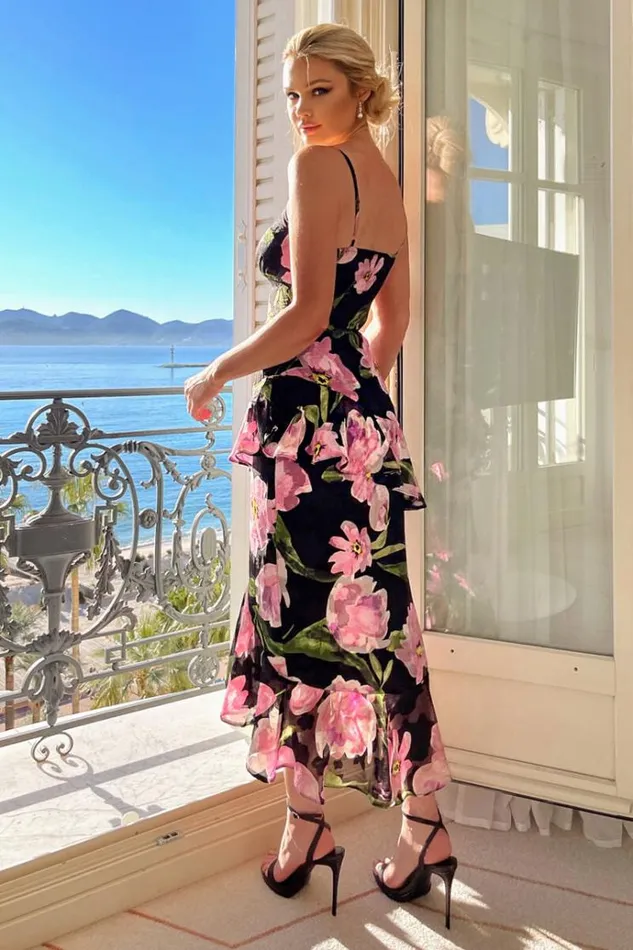 AX Paris Black And Pink Lace Embroidered Frill High Low Midi Dress Women Dresses