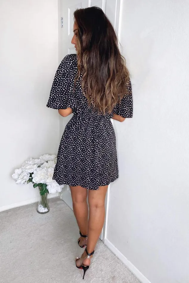 AX Paris Black And Pink Polka Dot Pleated Wrap Dress Women Dresses