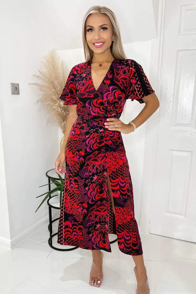 AX Paris Black And Pink Printed Bell Sleeve Ruched Midi Dress Women Dresses