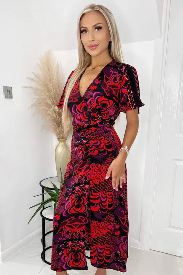 AX Paris Black And Pink Printed Bell Sleeve Ruched Midi Dress Women Dresses