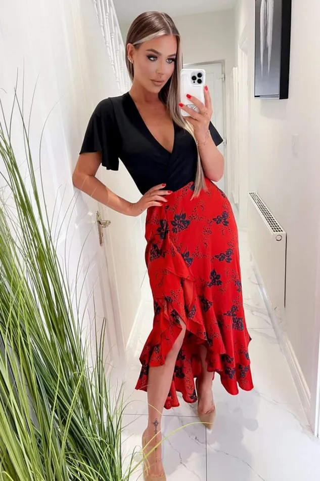 AX Paris Black And Red 2 In 1 Floral Printed Wrap Midi Dress Women Dresses