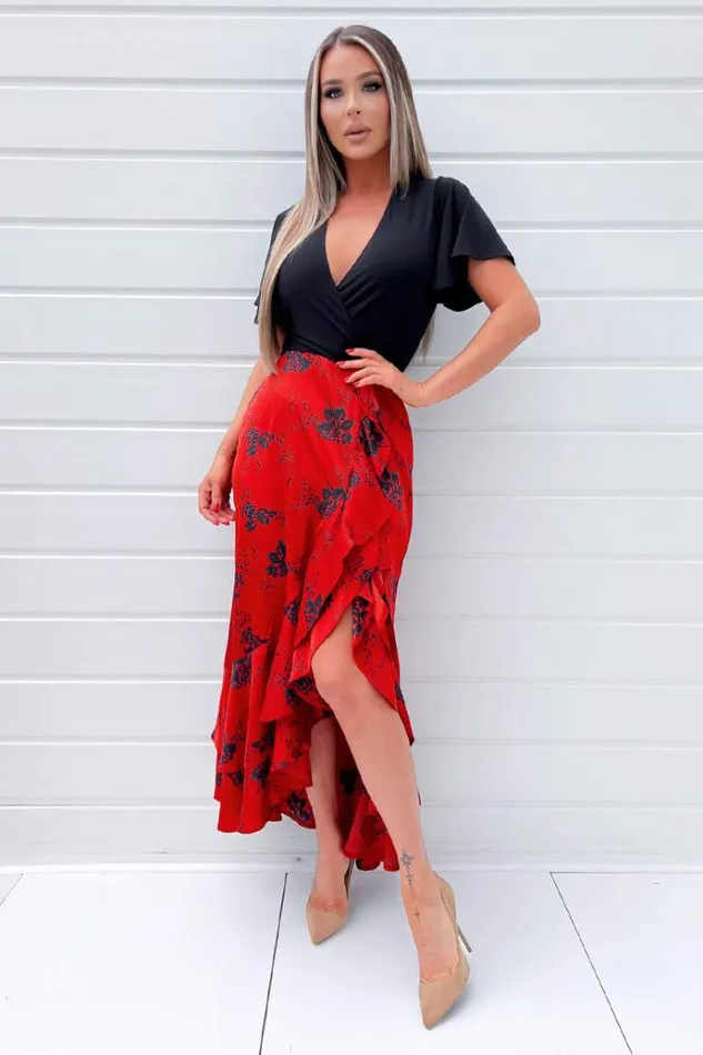 AX Paris Black And Red 2 In 1 Floral Printed Wrap Midi Dress Women Dresses