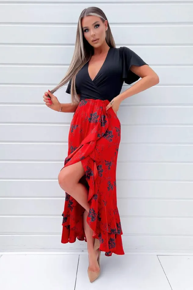 AX Paris Black And Red 2 In 1 Floral Printed Wrap Midi Dress Women Dresses