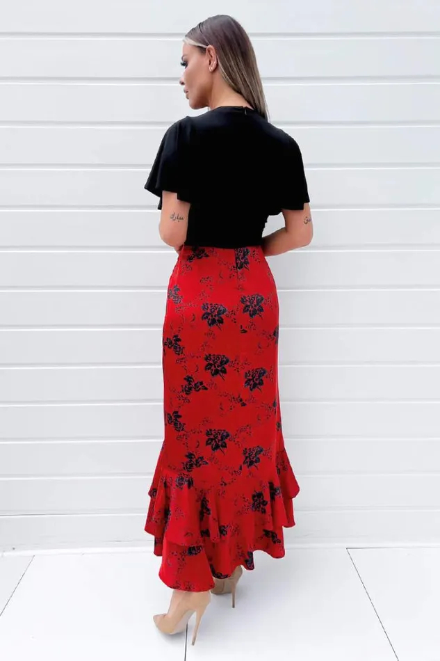AX Paris Black And Red 2 In 1 Floral Printed Wrap Midi Dress Women Dresses