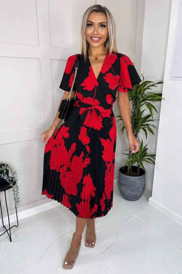 AX Paris Black And Red Floral Print Pleated Midi Dress Women Dresses
