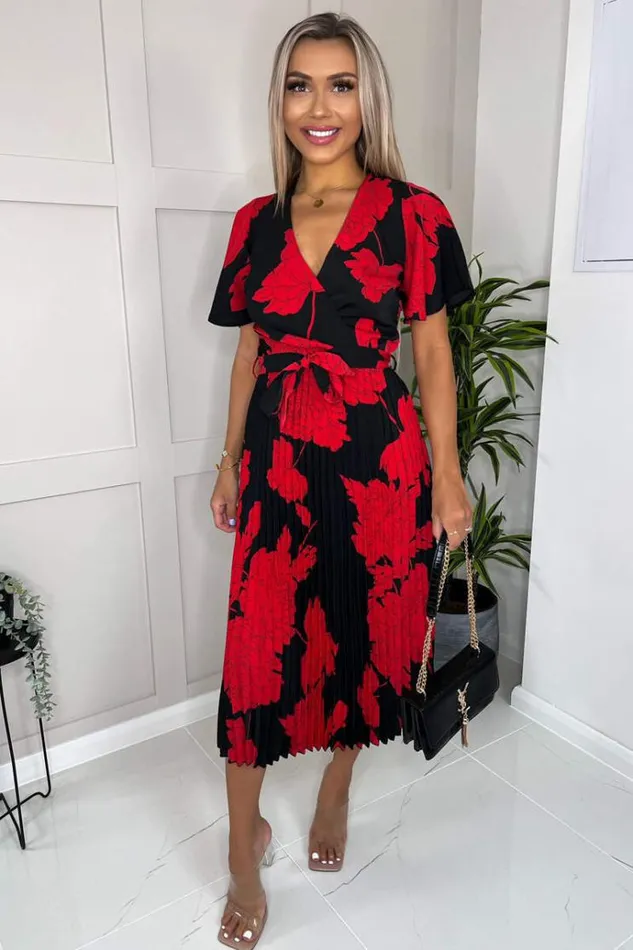 AX Paris Black And Red Floral Print Pleated Midi Dress Women Dresses