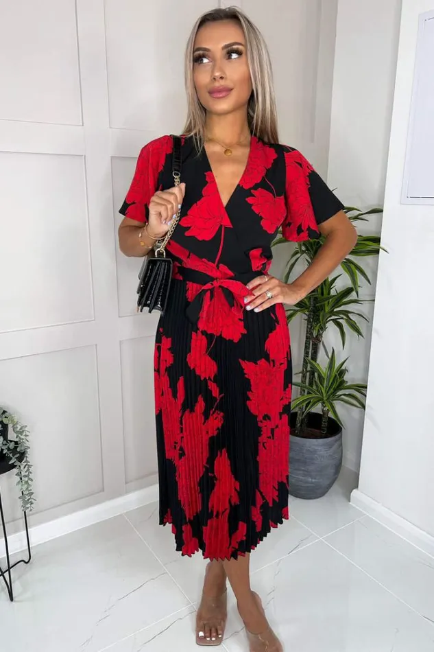 AX Paris Black And Red Floral Print Pleated Midi Dress Women Dresses