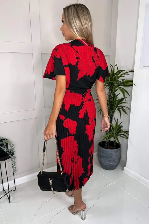 AX Paris Black And Red Floral Print Pleated Midi Dress Women Dresses