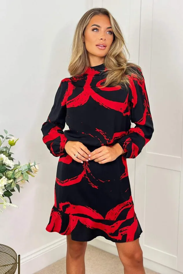 AX Paris Black And Red Long Sleeve Printed Mini Dress Women Dresses