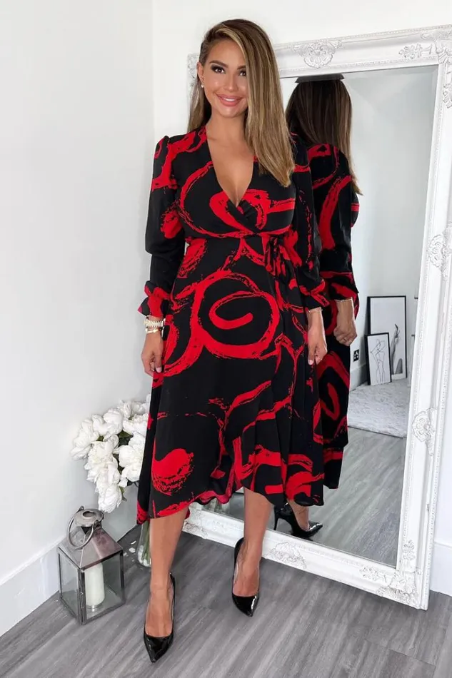 AX Paris Black And Red Long Sleeve Wrap Midi Dress Women Dresses
