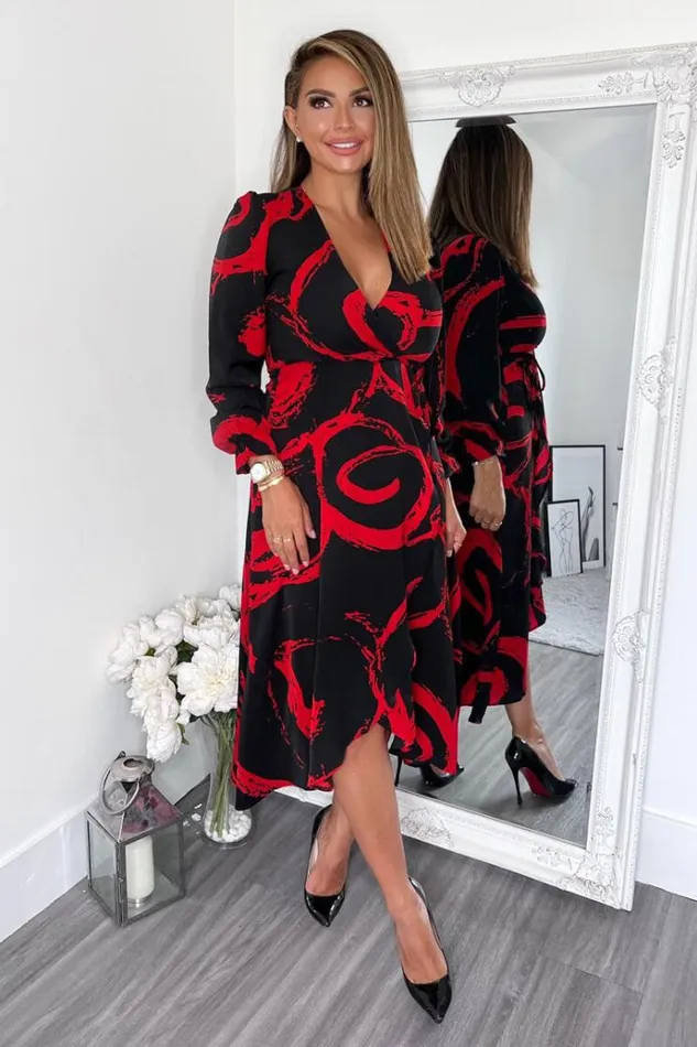 AX Paris Black And Red Long Sleeve Wrap Midi Dress Women Dresses