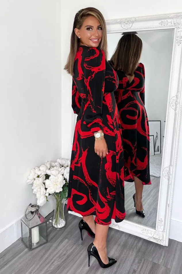 AX Paris Black And Red Long Sleeve Wrap Midi Dress Women Dresses