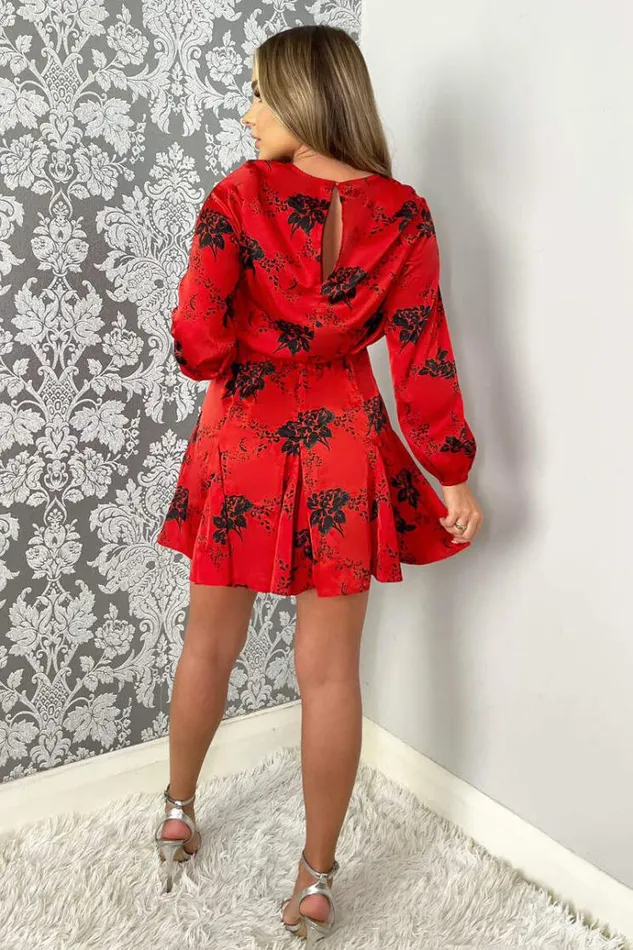 AX Paris Black And Red Printed Long Sleeve Round Neck Mini Dress Women Dresses