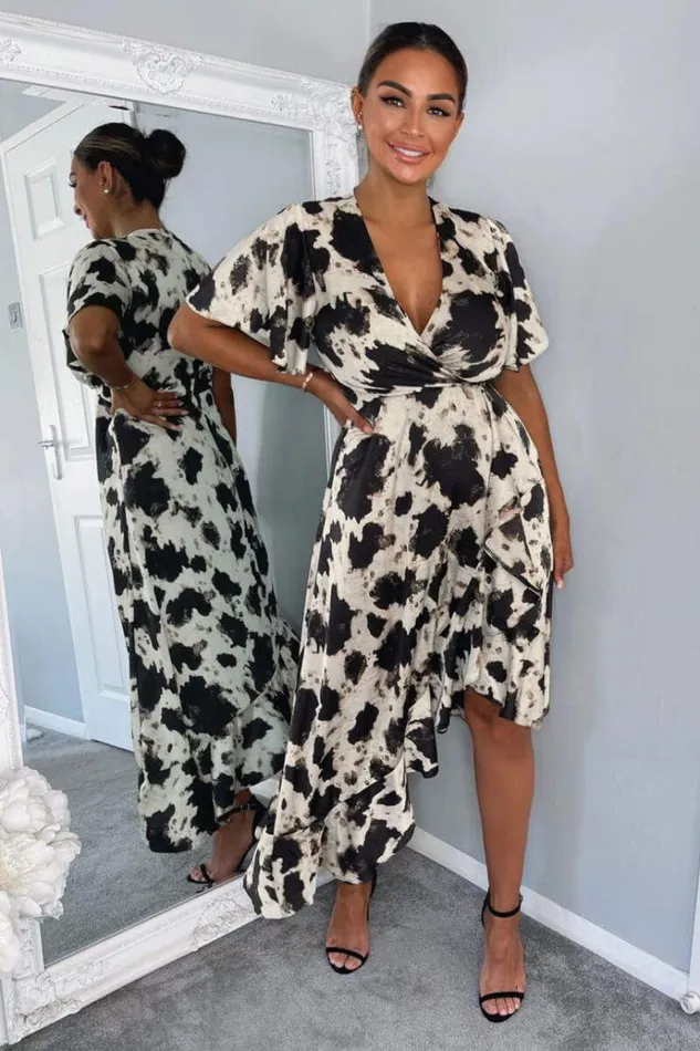 AX Paris Black And Stone Abstract Print Wrap Midi Dress Women Dresses