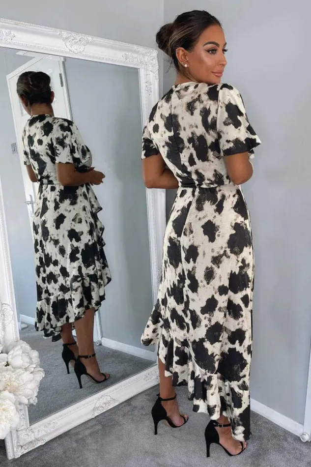 AX Paris Black And Stone Abstract Print Wrap Midi Dress Women Dresses