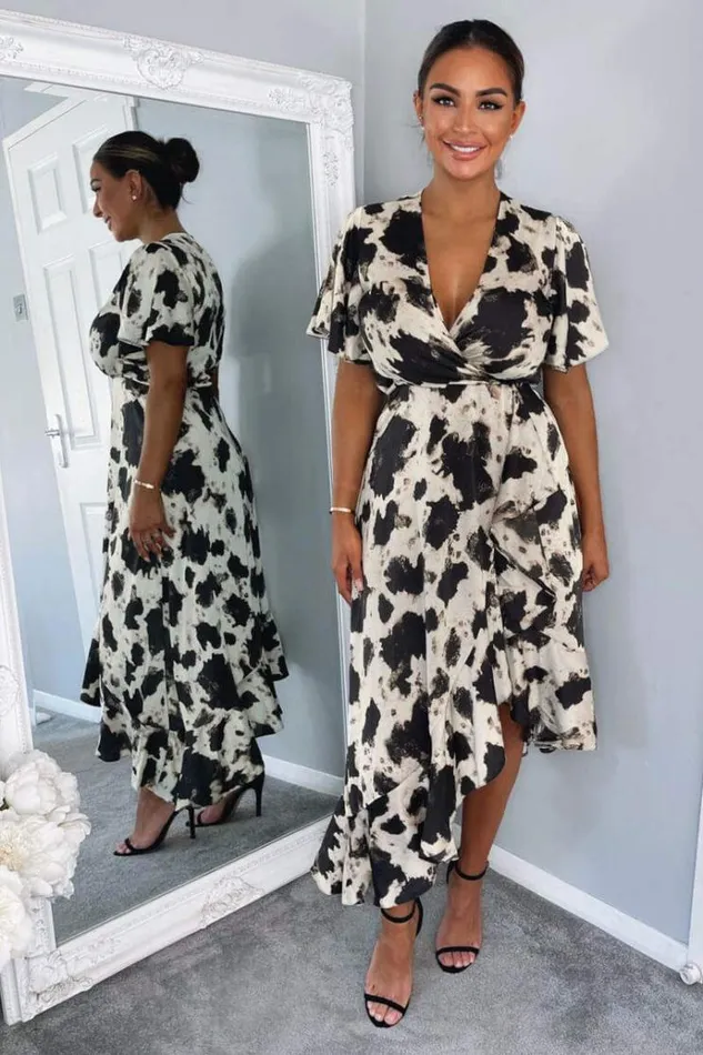 AX Paris Black And Stone Abstract Print Wrap Midi Dress Women Dresses
