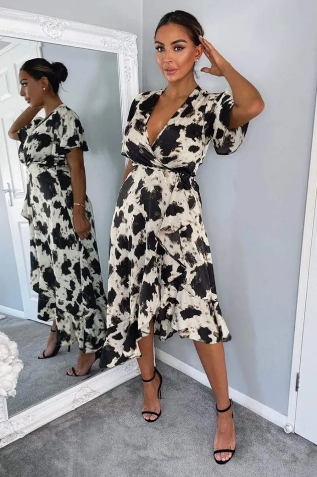 AX Paris Black And Stone Abstract Print Wrap Midi Dress Women Dresses