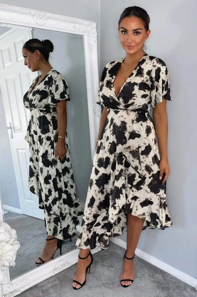 AX Paris Black And Stone Abstract Print Wrap Midi Dress Women Dresses