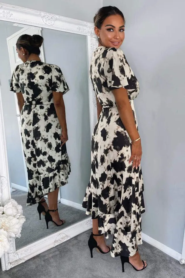 AX Paris Black And Stone Abstract Print Wrap Midi Dress Women Dresses