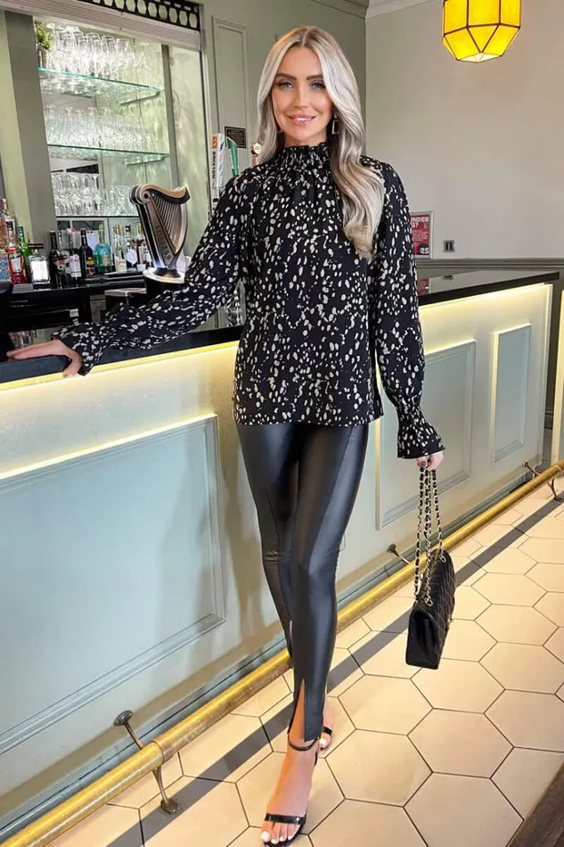 AX Paris Black And Stone Animal Print High Neck Blouse Women Tops