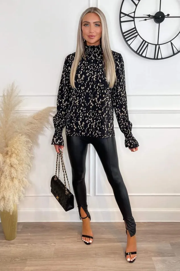 AX Paris Black And Stone Animal Print High Neck Blouse Women Tops