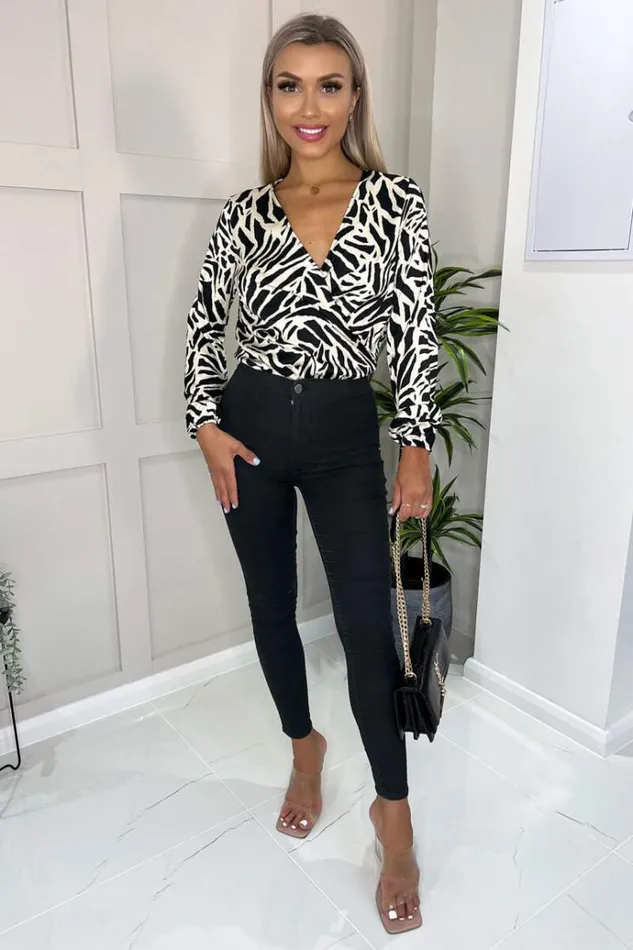 AX Paris Black And Stone Animal Print Long Sleeve Wrap Over Bodysuit Women Bodysuits