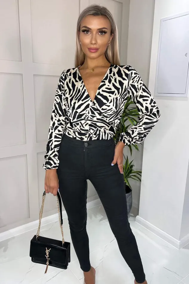 AX Paris Black And Stone Animal Print Long Sleeve Wrap Over Bodysuit Women Bodysuits