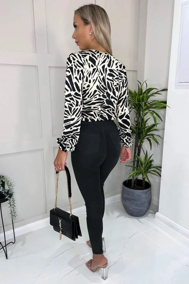 AX Paris Black And Stone Animal Print Long Sleeve Wrap Over Bodysuit Women Bodysuits