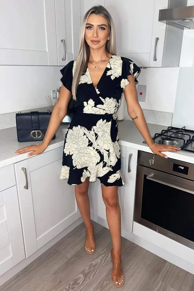 AX Paris Black And Stone Floral Print Short Sleeve Wrap Dress Women Dresses